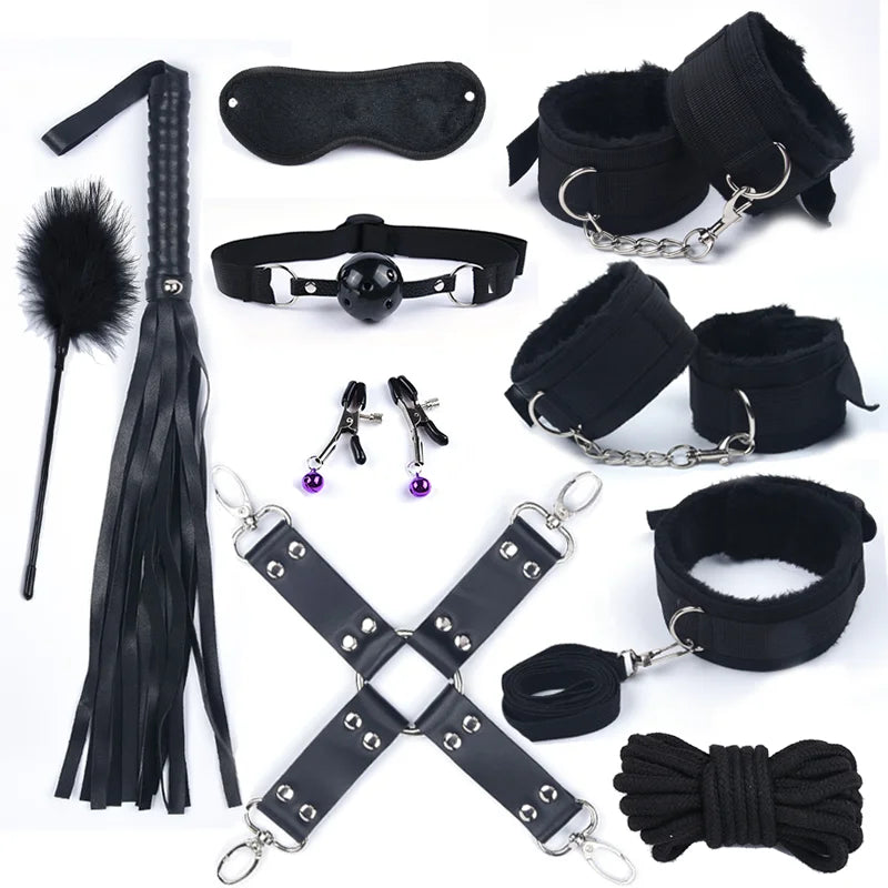Bondage Kit With Adult Toys & Accessories 10Pcs Black