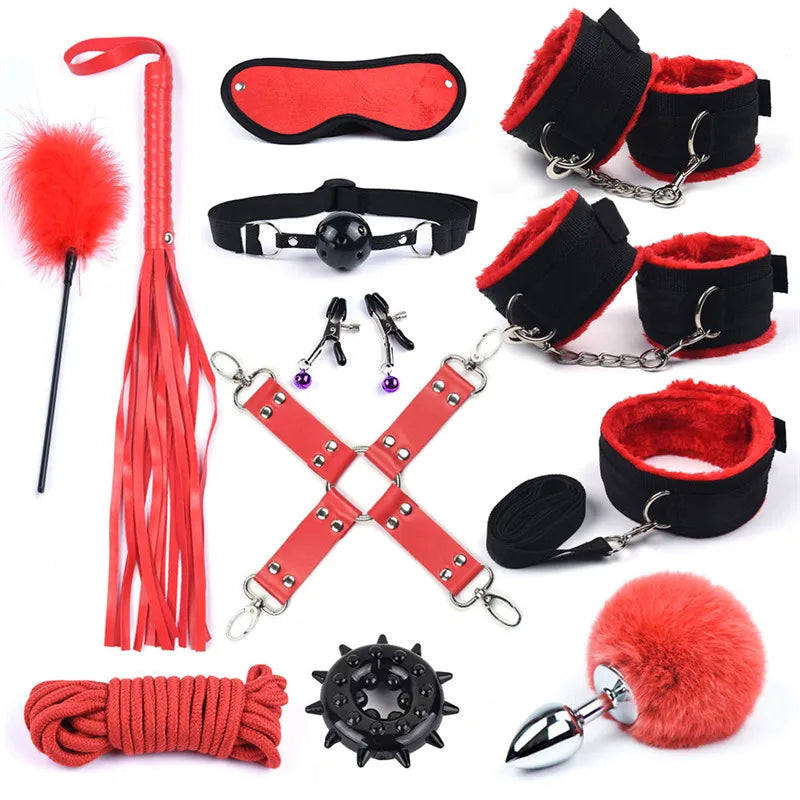 Bondage Kit With Adult Toys & Accessories 12Pcs Red