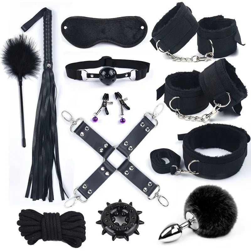Bondage Kit With Adult Toys & Accessories 12Pcs Black