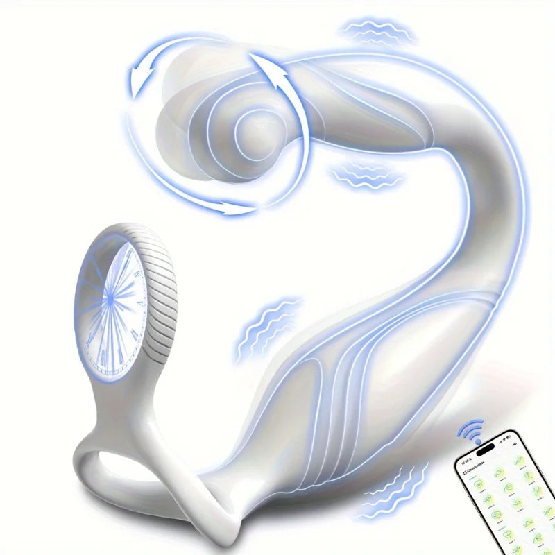 Rotating Anal Prostate Massager with Double Cock Ring – App Controlled Vibrator