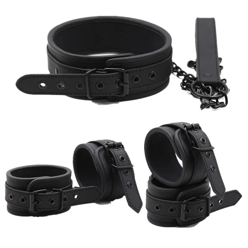 Leather BDSM Bondage Set – Handcuffs, Ankle Cuffs & Collar Kit