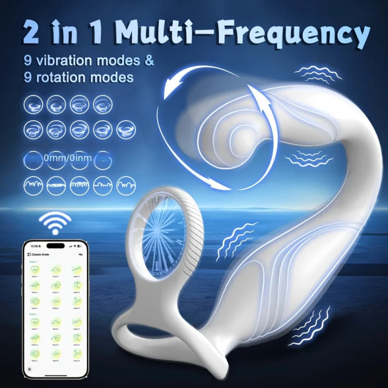 Rotating Anal Prostate Massager with Double Cock Ring – App Controlled Vibrator